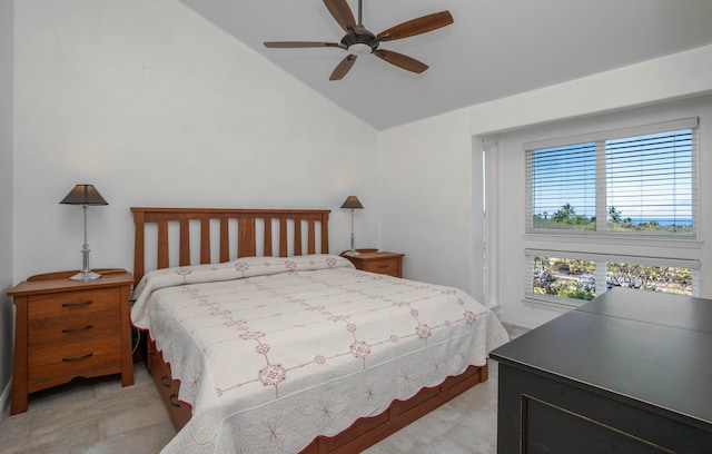 bedroom with ceiling fan and vaulted ceiling