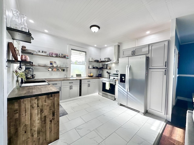 kitchen with marble finish floor, open shelves, a sink, recessed lighting, and stainless steel appliances