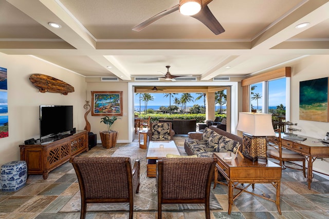 living room featuring beam ceiling, stone tile flooring, coffered ceiling, and visible vents