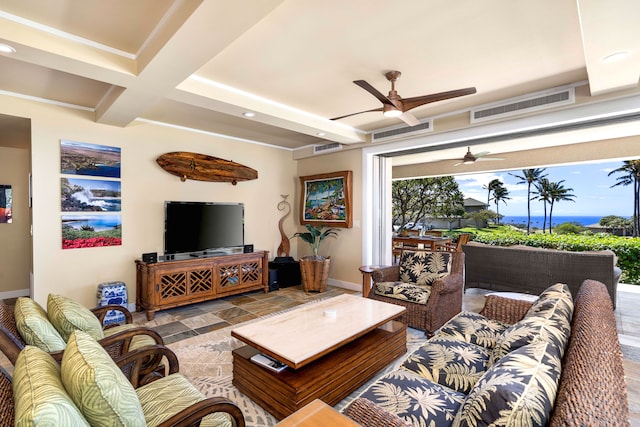 living room featuring visible vents, coffered ceiling, and a ceiling fan