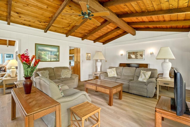 4620 Anolani St, Kapaa, HI 96746 - living area featuring wood ceiling, light wood-style floors, ceiling fan, and vaulted ceiling with beams