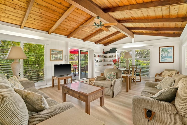 4620 Anolani St, Kapaa, HI 96746 - living area with wooden ceiling, vaulted ceiling with beams, ceiling fan, and light wood finished floors