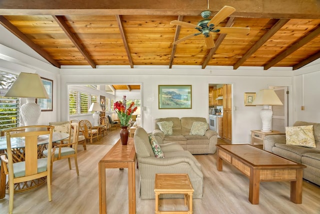 4620 Anolani St, Kapaa, HI 96746 - living room with wood ceiling, ceiling fan, lofted ceiling with beams, and light wood finished floors