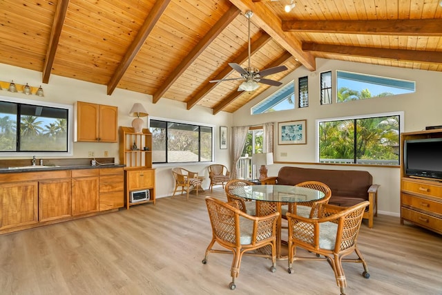 4620 Anolani St, Kapaa, HI 96746 - dining space with light wood-style flooring, ceiling fan, baseboards, beam ceiling, and wooden ceiling