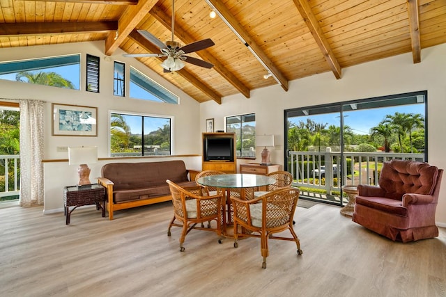 4620 Anolani St, Kapaa, HI 96746 - dining room with beam ceiling, ceiling fan, rail lighting, light wood-style flooring, and wood ceiling