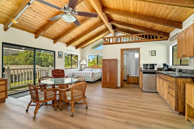 4620 Anolani St, Kapaa, HI 96746 - dining room with wood ceiling, a healthy amount of sunlight, beam ceiling, and light wood-style floors