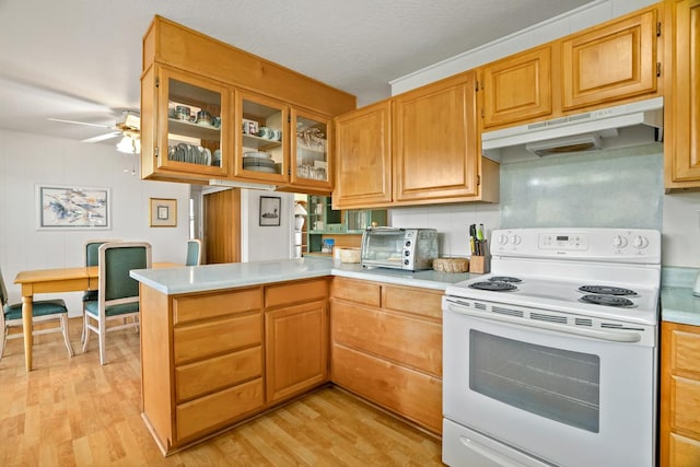 4620 Anolani St, Kapaa, HI 96746 - kitchen featuring light wood finished floors, under cabinet range hood, white electric range, a peninsula, and light countertops