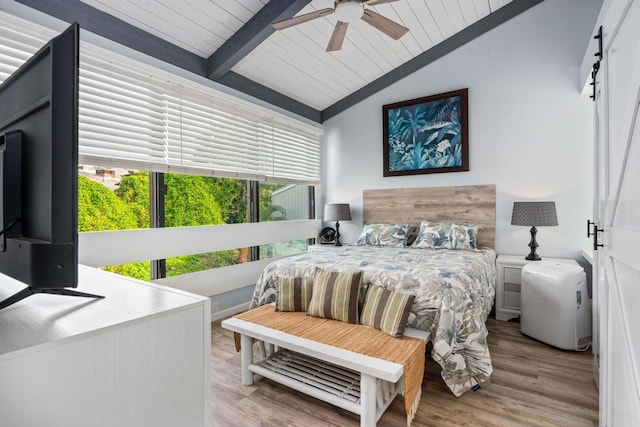 bedroom featuring a ceiling fan, wooden ceiling, vaulted ceiling with beams, and wood finished floors