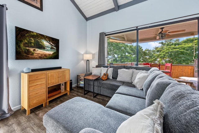 living room featuring baseboards, a ceiling fan, dark wood-style floors, and vaulted ceiling with beams