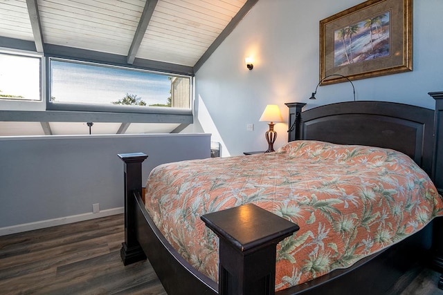 bedroom featuring wooden ceiling, lofted ceiling with beams, baseboards, and wood finished floors