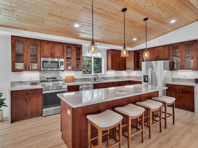 kitchen featuring appliances with stainless steel finishes, wood ceiling, a sink, and light wood finished floors