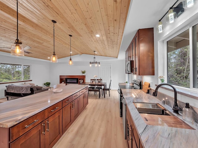 kitchen with a sink, wood ceiling, stainless steel microwave, and electric stove