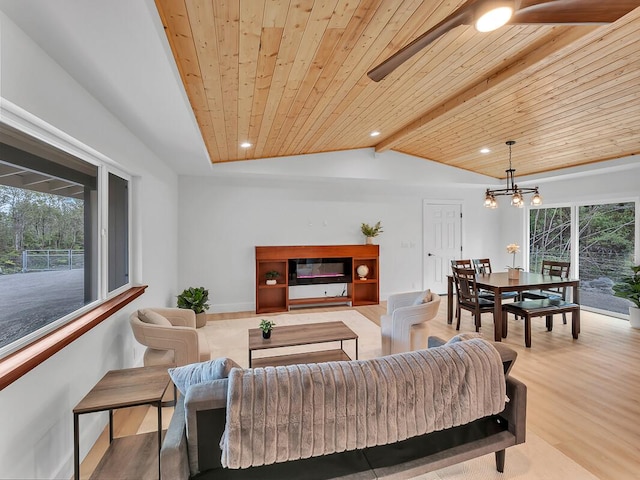 living area featuring a healthy amount of sunlight, wood ceiling, lofted ceiling with beams, and wood finished floors