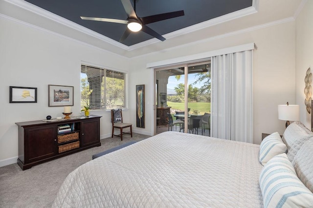 bedroom with access to exterior, ornamental molding, baseboards, and light carpet