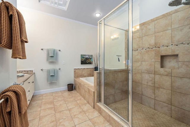 full bathroom featuring a bath, a stall shower, crown molding, and tile patterned flooring