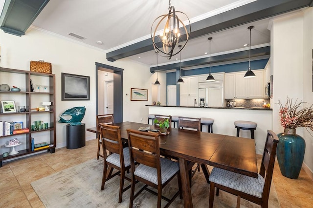 dining area featuring visible vents, crown molding, baseboards, light tile patterned floors, and a notable chandelier