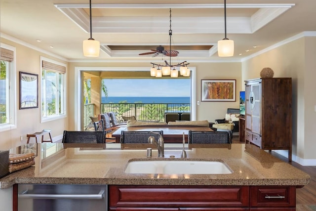 kitchen featuring crown molding, a tray ceiling, a sink, and stainless steel dishwasher