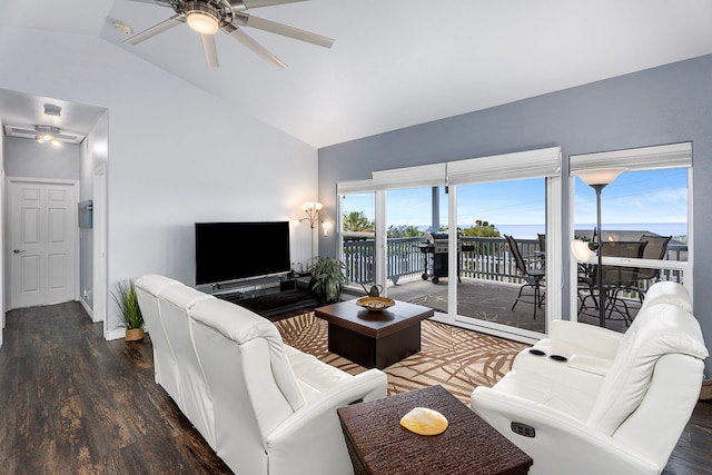 living area featuring ceiling fan, baseboards, lofted ceiling, and wood finished floors