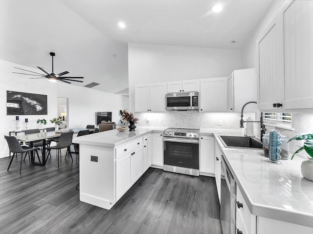 kitchen with stainless steel appliances, dark wood finished floors, a sink, and a peninsula