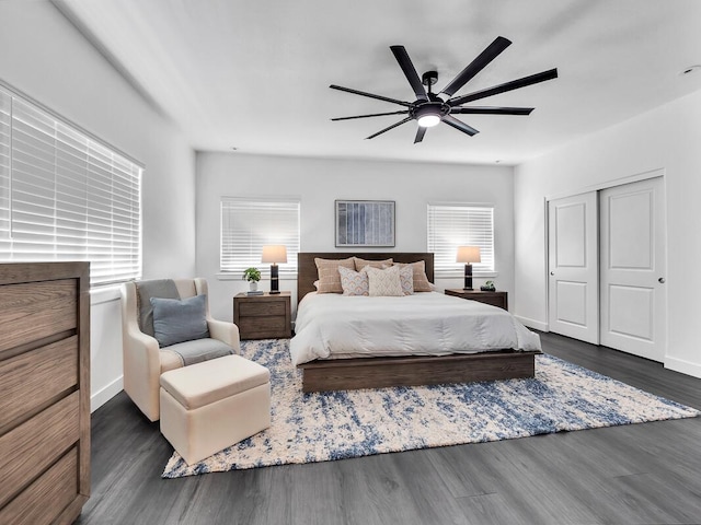 bedroom featuring dark wood-style floors, a closet, and baseboards