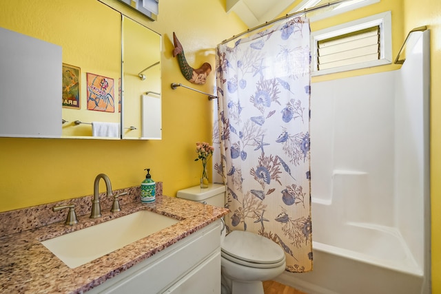 full bath with toilet, vanity, and shower / bathtub combination with curtain