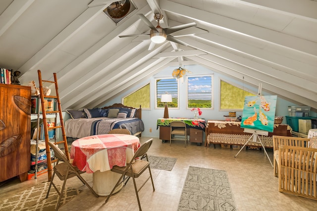 bedroom with tile patterned floors and lofted ceiling with beams