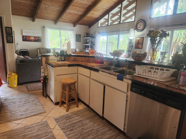 kitchen featuring light tile patterned floors, wood ceiling, open floor plan, and dishwasher