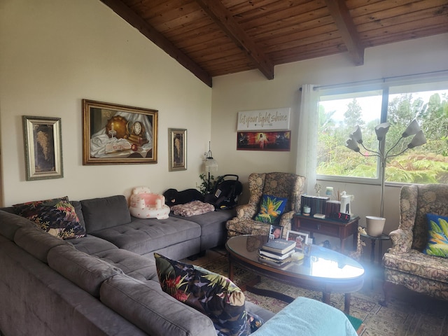 living area with vaulted ceiling with beams and wood ceiling