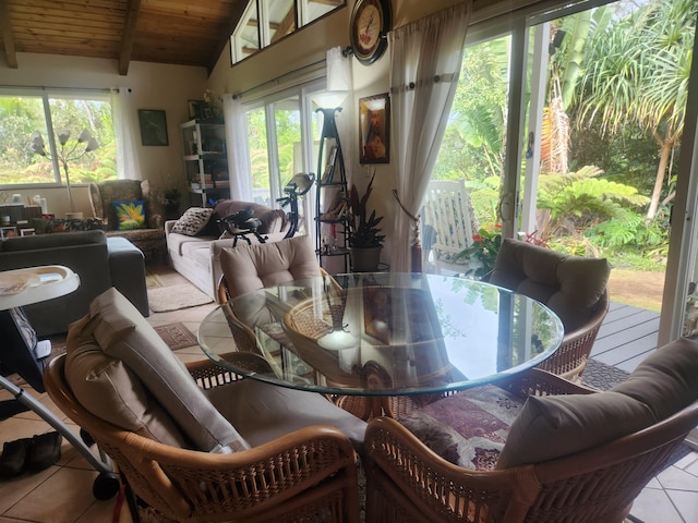 sunroom featuring wooden ceiling, a healthy amount of sunlight, and lofted ceiling with beams