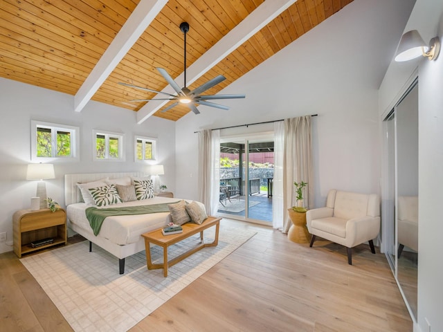 bedroom featuring high vaulted ceiling, light wood-style flooring, access to exterior, wood ceiling, and beamed ceiling