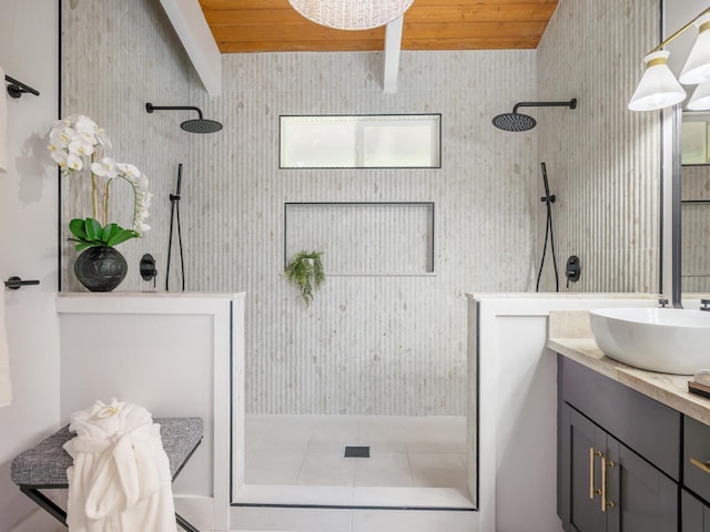 full bathroom featuring vanity, wood ceiling, and a walk in shower