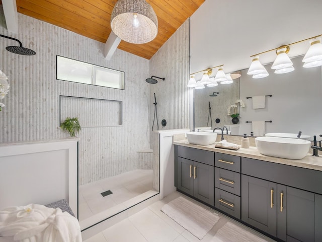 full bathroom with a sink, wooden ceiling, double vanity, and a walk in shower