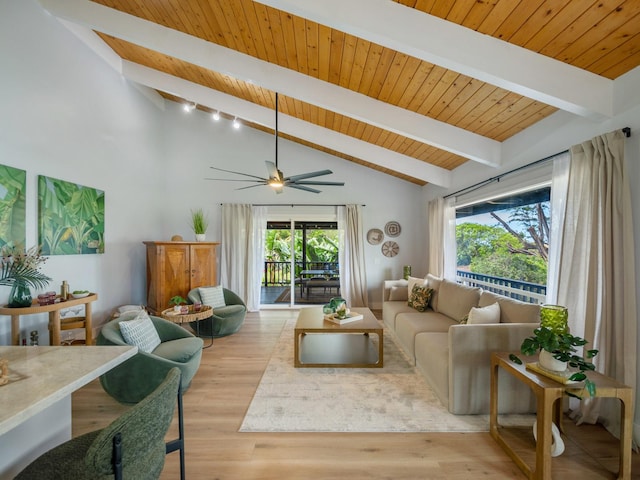 living area with a ceiling fan, high vaulted ceiling, light wood-style flooring, wood ceiling, and beamed ceiling