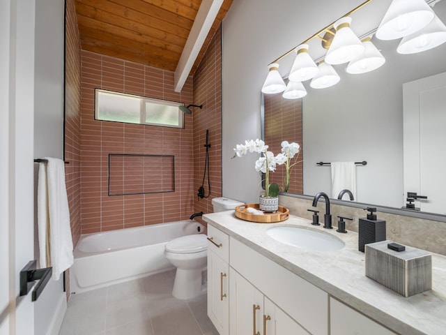 full bath featuring vanity,  shower combination, tile patterned flooring, wood ceiling, and toilet