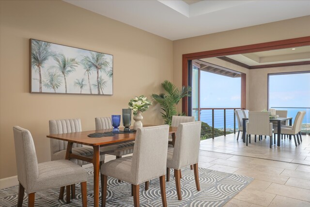 dining room with a raised ceiling and baseboards