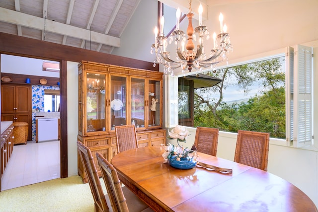 dining space with a healthy amount of sunlight, lofted ceiling with beams, and an inviting chandelier