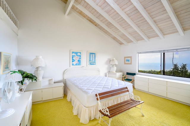 bedroom with light carpet, high vaulted ceiling, beamed ceiling, and wood ceiling