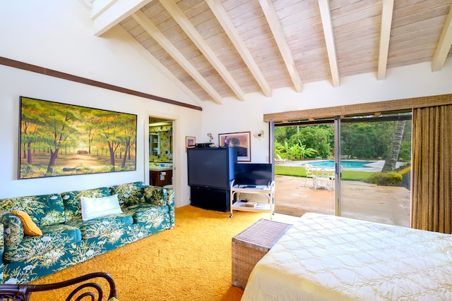 carpeted bedroom featuring wooden ceiling, access to exterior, high vaulted ceiling, and beam ceiling