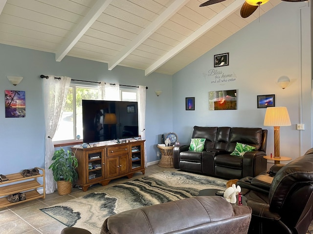 living area featuring lofted ceiling with beams, wood ceiling, tile patterned floors, and ceiling fan