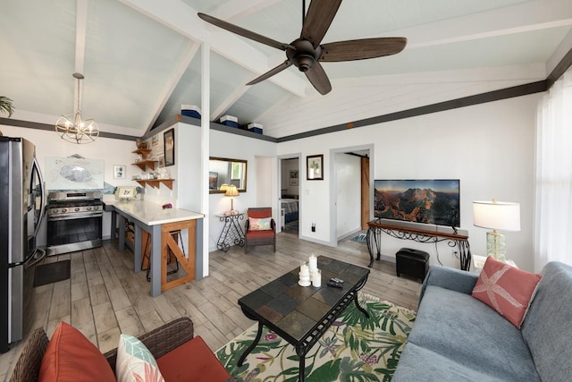 living area featuring ceiling fan with notable chandelier, baseboards, lofted ceiling with beams, and light wood-style floors