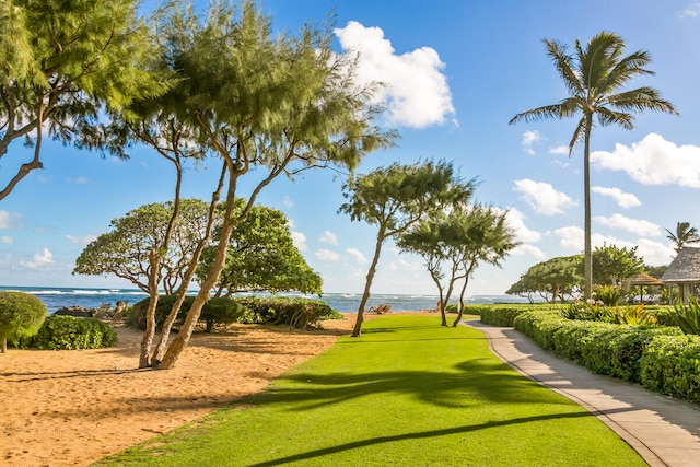 view of home's community with a yard and a water view