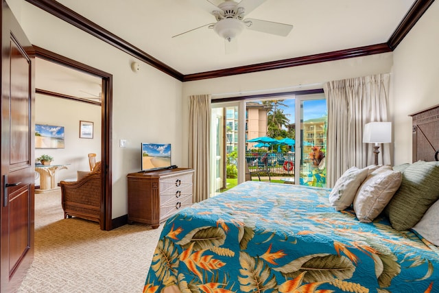 bedroom featuring ceiling fan, access to exterior, light carpet, and ornamental molding