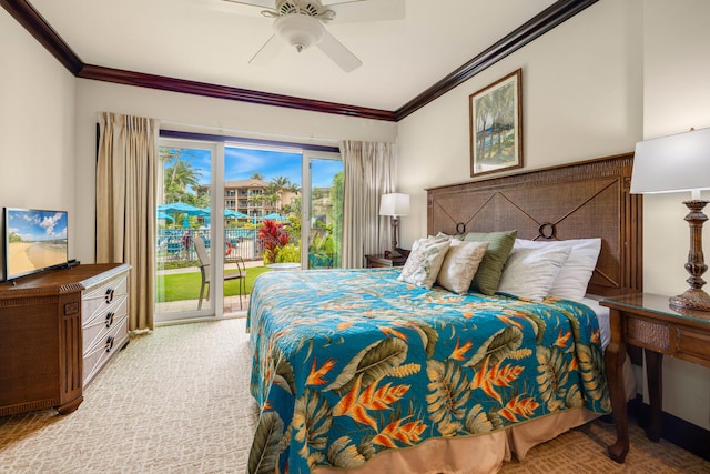 bedroom with access to exterior, a ceiling fan, carpet, and ornamental molding