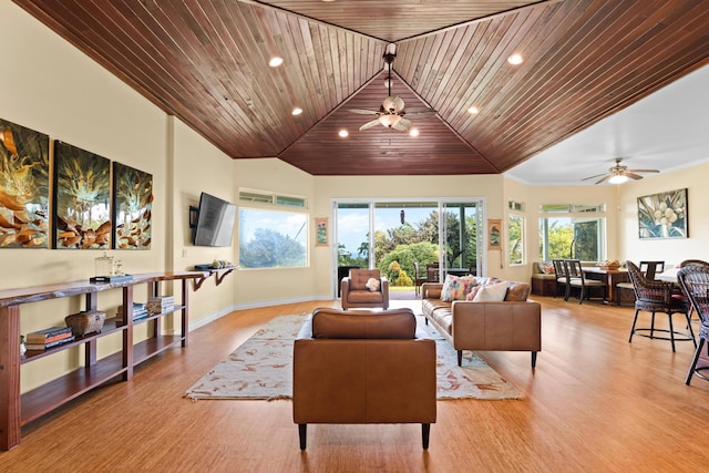 living room with light wood-style floors, wood ceiling, and ceiling fan