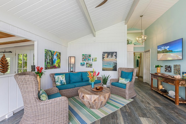 living room featuring a chandelier, vaulted ceiling with beams, and wood finished floors