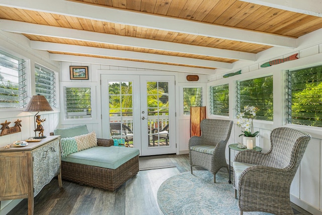 sunroom featuring french doors, beam ceiling, and wood ceiling