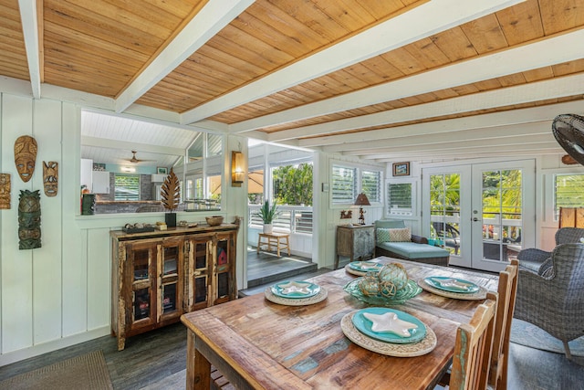 interior space featuring wood ceiling, beamed ceiling, and french doors