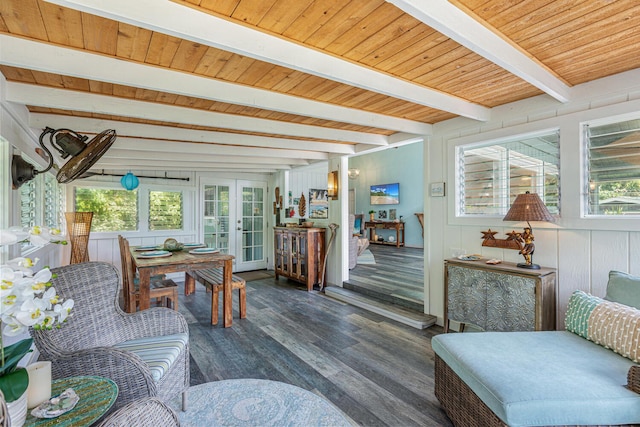 sunroom with beam ceiling, french doors, and wooden ceiling