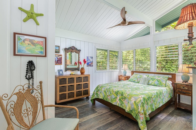 bedroom with wooden ceiling, vaulted ceiling with beams, a ceiling fan, and wood finished floors