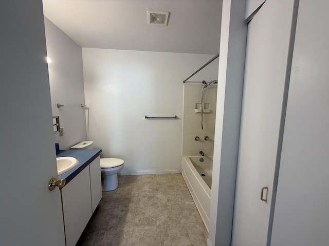 bathroom with visible vents, baseboards, toilet, shower / tub combination, and vanity